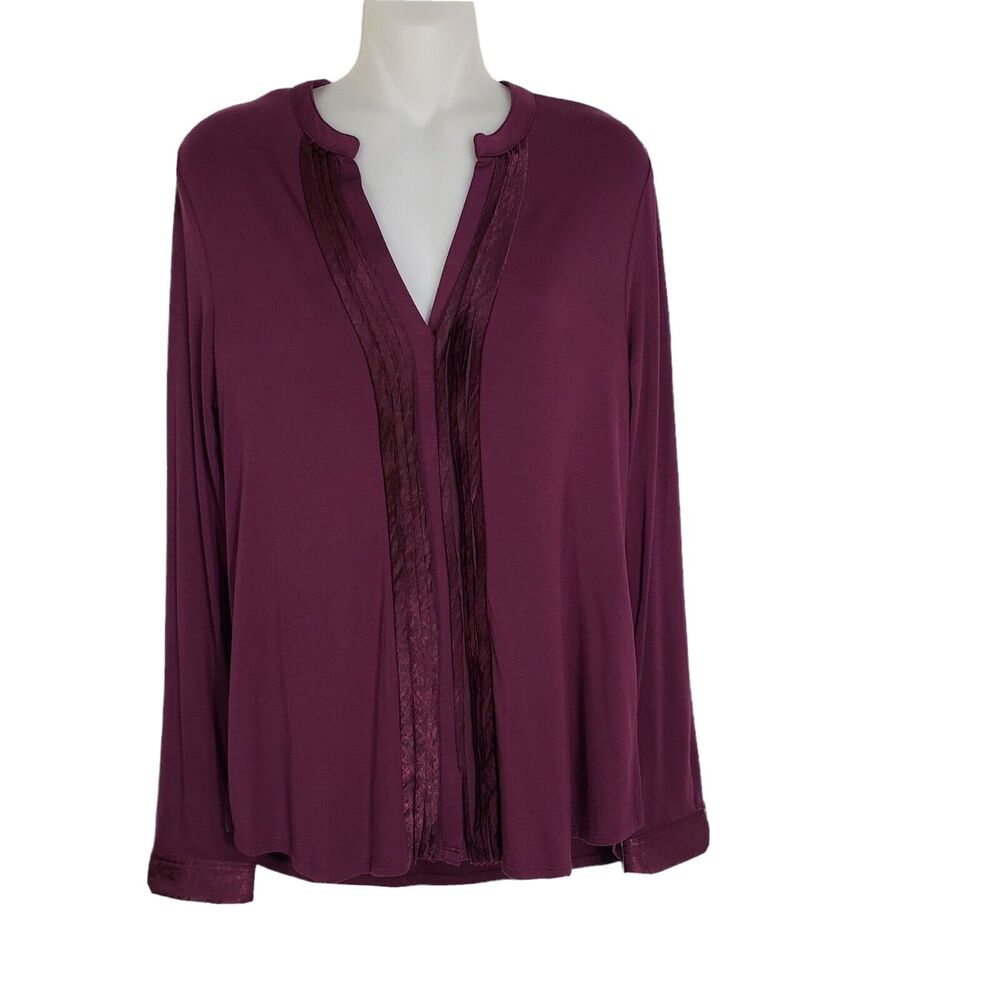 Cupio Womens Top Small Raspberry Pleats Long Sleeve Split V Neck Viscose Stretch